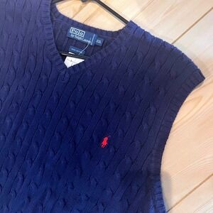 Polo by Ralph Lauren Navy Cable-Knit V-Neck Sweater Vest with Red Pony Logo